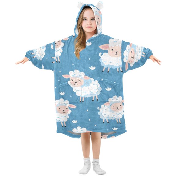 Sheep Pattern Grass Flannel Wearable Blankets Hooded Design Long Sleeves Wrap Unisex for 3T-14Y L