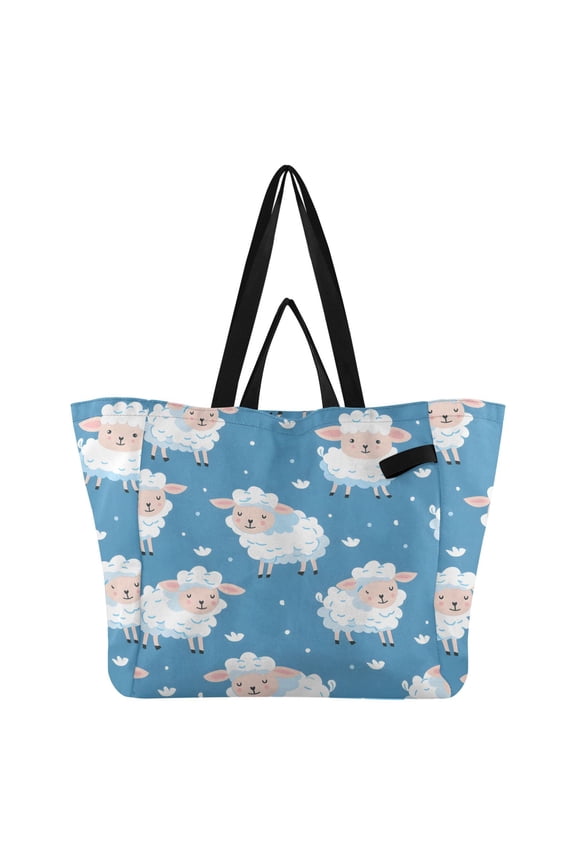 Sheep Pattern Grass Foldable Canvas Tote Bags Reusable Grocery Bags Laundry Bags Beach Bag 32L