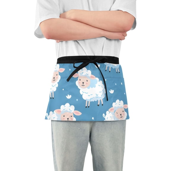 Sheep Pattern Grass Short Server Apron with 3 Pockets for Unisex Chef Gardening