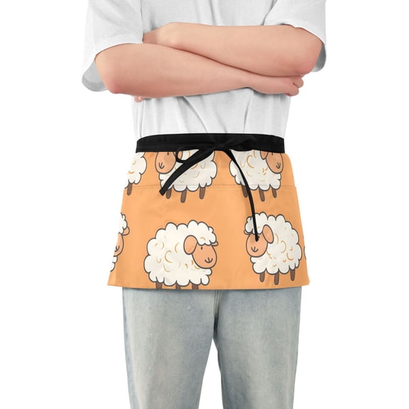 Sheep Pattern Short Server Apron with 3 Pockets for Unisex Chef Gardening