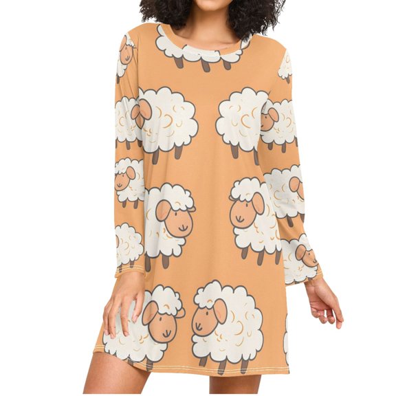 Sheep Pattern Women's Long Sleeves Nightgowns Sleepwear Soft Pajama A-line Sleep Dress S