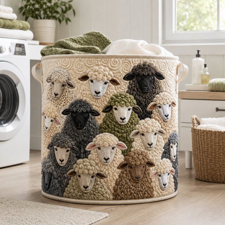 Sheep Quilted Laundry Basket, Lamb Storage Hamper, Laundry Room Decor, Fabric Clothes Basket