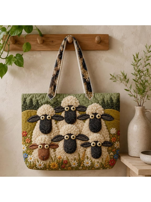 Sheep Quilted Tote Bag, Personalized Farmhouse Lamb Handbag, Cute Funny Flock Tote Gift for Sheep Lover Women