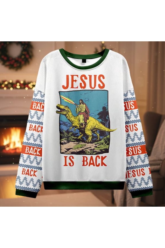 Jesus Riding Dinosaur Christian Ugly Christmas Sweater