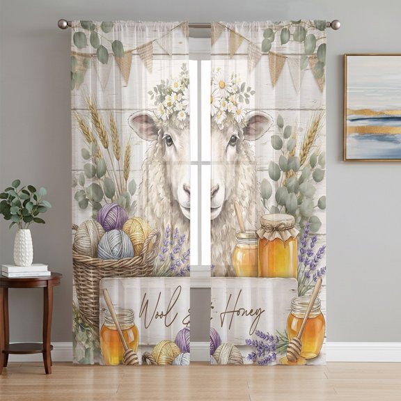 Sheep Sheer Curtains 84 Inches Long, Daisy Flowers Farmhouse Eucalyptus Wooden Light Filtering Window Curtains for Living Room, Rod Pocket Voile Sheer Curtain Drapes, 52"W x 84"L, 2 Panels