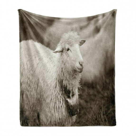 Sheep Soft Flannel Fleece Blanket, Fluffy Wooly Sheep with a Bell in the Wild Pastures and Mountains with His Herd Image, Cozy Plush for Indoor and Outdoor Use, 60" x 80", Multicolor, by Ambesonne