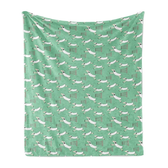Sheep Soft Flannel Fleece Throw Blanket, Illustration of Fluffy Animals Jumping over a Fence, Cozy Plush for Indoor and Outdoor Use, 60" x 80", Sea Green Taupe Grey, by Ambesonne