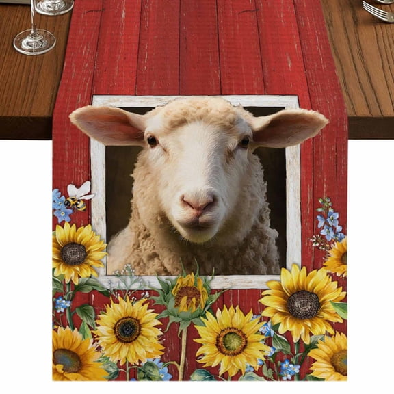 Sheep Sunflower Burlap Cotton Table Runner 13x36 Inches Short, Country Red Farm Barn Spring Flowers Farmhouse Table Runners, Outdoor Dining Tablecloths Decor for Baby Shower/Party/Wedding