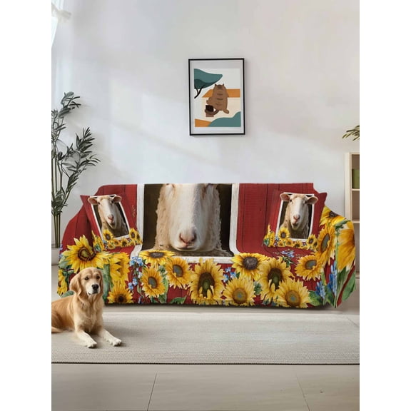 Sheep Sunflower Couch Cover, Country Red Farm Barn Spring Flowers Oversized Sofa Cover Blanket for 3 Cushion Couch, Sectional Sofa Slipcover Furniture Protector for Living Room Bedroom 71''x150''