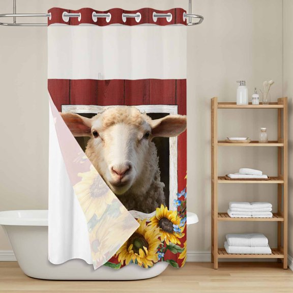 Sheep Sunflower No Hook Shower Curtain with Snap in Liner, Blue Yellow Flower Bee Farms Animal Oil Painting Waterproof Shower Curtains with See Through Top Window Liner for Bathroom, 36x72 Inches