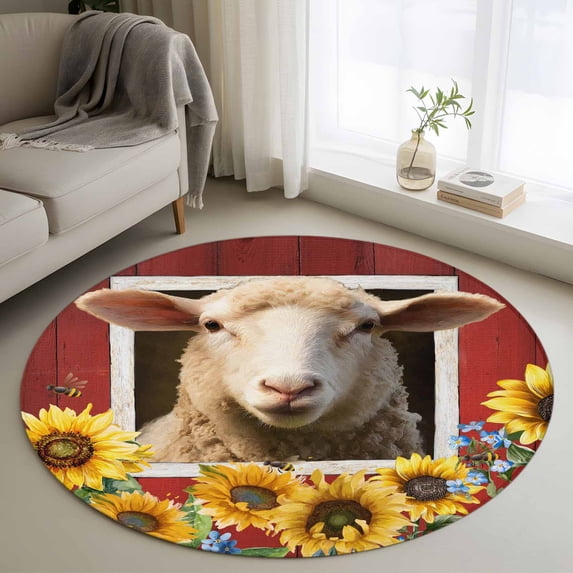 Sheep Sunflower Round Area Rug 4Ft Washable Circle Rugs for Bedroom Dining Room, Country Red Farm Barn Spring Flowers Non-Slip Carpet Floor Mats Indoor Outdoor Carpet Runner Aesthetic Home Decor