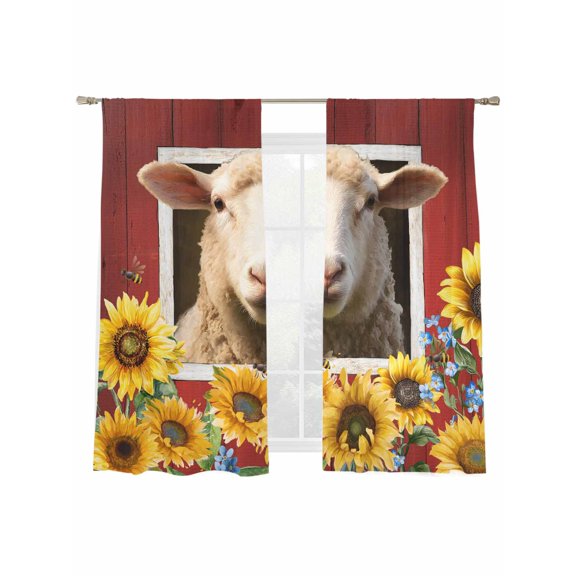 Sheep Sunflower Sheer Curtains 2 Panels Set Blue Yellow Flower Bee Farms Animal Oil Painting Sheer Window Curtains Light Filtering Rod Pocket Voile Drapes for Bedroom Living Room 52"X72"