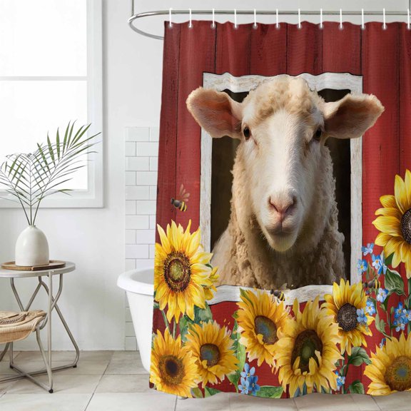 Sheep Sunflower Shower Curtain Set, Waterproof Shower Curtains for Bathroom, Country Red Farm Barn Spring Flowers Washable Fabric Cloth Bath Curtain for Bathtub Decoration with Hooks 72x78 Inches