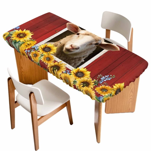 Sheep Sunflower Table Cloths for 5 Foot Rectangle Tables, Country Red Farm Barn Spring Flowers Patio Waterproof Elastic Fitted Tablecloths, Washable Rectangular Table Cover for Camping
