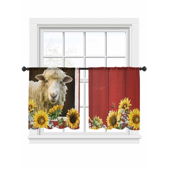 Sheep Sunflowers Sheer Curtains 2 Panels Set White Yellow Flower Bee Farms Animal Oil Painting Sheer Window Curtains Light Filtering Rod Pocket Voile Drapes for Bedroom Living Room 52"x54"