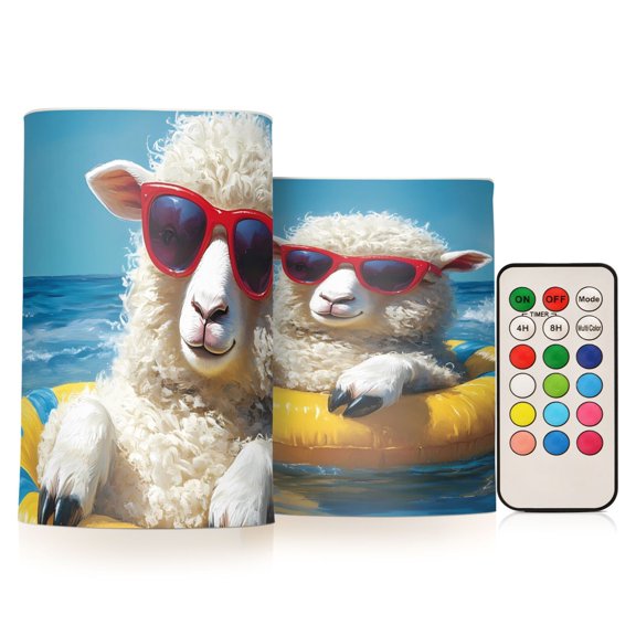 Sheep Sunglasses Swim Ring Flickering Flameless Candles Battery Operated with Remote Timer LED Pillar Candles Set of 2