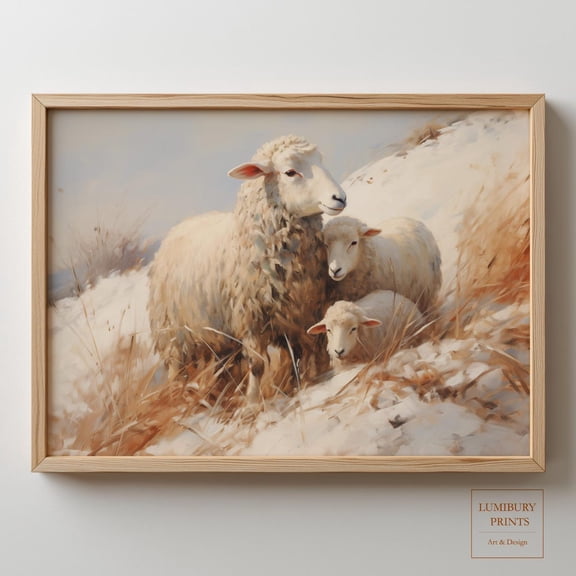 Sheep Wall Art, Vintage Sheep Art, Rustic Sheep Print, Sheep Landscape, Home Decor #2138, Stretched Canvas Size 16x24