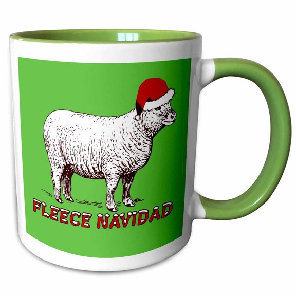 3drose, Sheep Wearing Santa Hat and Pun Fleece Navidad, 11oz Two-tone Green Mug