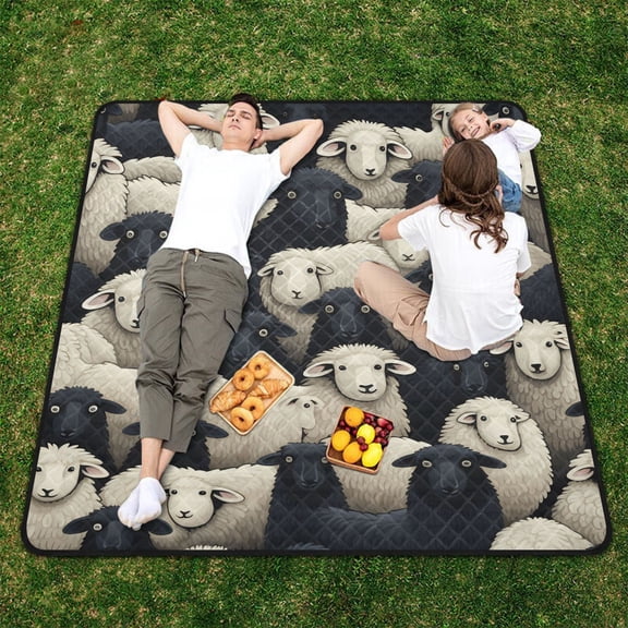 Sheep White Black Beach Blanket Outdoor Picnic Blanket 78"x 78" Waterproof Foldable for Beach Camping Travel Hiking Grass Lawn Park