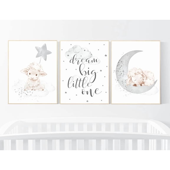 Sheep and Cloud Nursery Poster Gray Gender Neutral Baby Room Decor with Moon and Lamb Prints, Poster Only