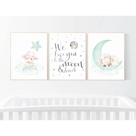 Sheep and Cloud Nursery Poster Mint Green Gender Neutral Baby Room Decor Star and Lamb Prints, Poster Only