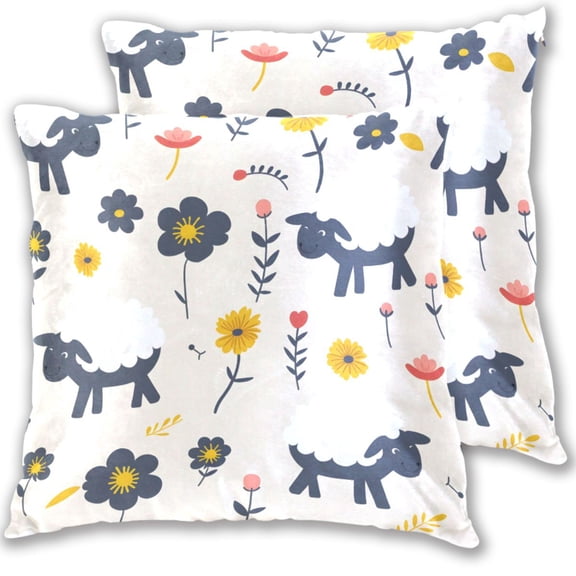 Sheep in Floral Field Cute Cartoon Throw Pillow Covers Pillowcases 16 x 16 Inch Home Decor 2 Packs for Bedroom Sofa