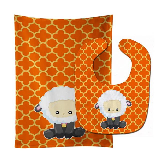 Sheep on Orange Quatrafoil Baby Bib & Burp Cloth