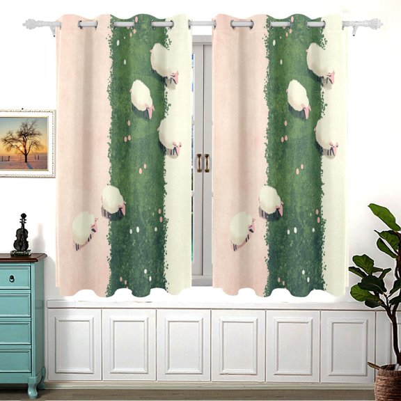 Sheep on The Grass Blackout Curtains for Living Room Bedroom 55W x 54L Insulated Window Drapes 2 Panels