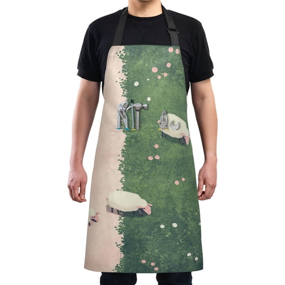 Sheep on The Grass Chef Kitchen Apron with Pockets for Women Waterproof Aprons for Cooking Baking