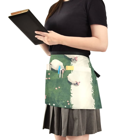 Sheep on The Grass Server Apron with 3 Pockets Waist Apron for Waiter Waitress