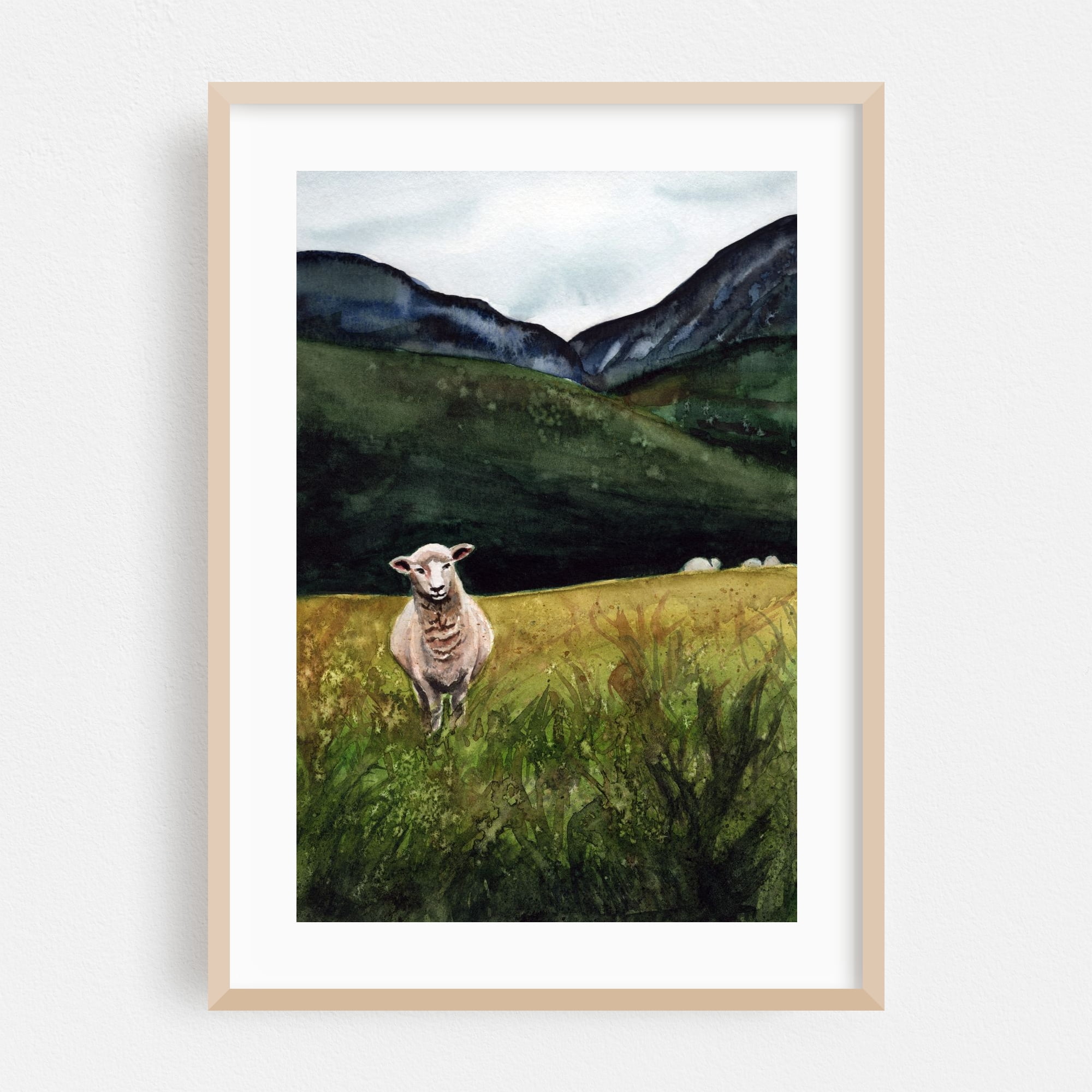 Sheep on a Hill - Painting Watercolor Pastoral Landscape Nature Farm ...