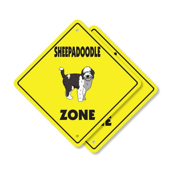 Sheepadoodle (2 Pack) Plastic Crossing Sign - 12 Inch X 12 Inch Xing Sign Gift Dog Breed Pet Cute Loyal Animal Friendly Family House Decor Rustic Fun