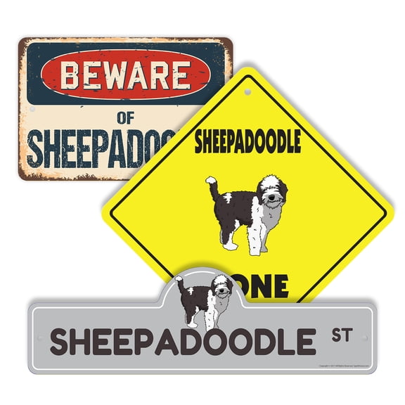 Sheepadoodle (3 Pack) Plastic Street Sign Crossing Sign Warning Sign Vintage Rustic Beware Warning Xing Dog Breed Pet Cute Loyal Animal Friendly Family House Decor Rustic Fun