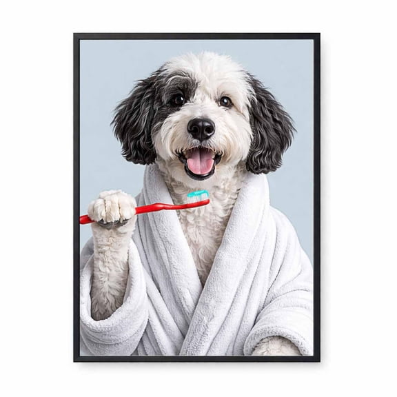 Sheepadoodle Bathroom Poster, Dog Brushing Teeth Print, Pet Wall Art, Dog Lover Gift, Guest Bathroom Decor , Poster Print Only