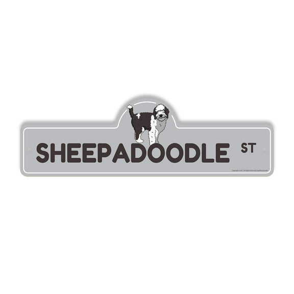 Sheepadoodle Plastic Street Sign - 6 Inch X 18 Inch Gift Dog Breed Pet Cute Loyal Animal Friendly Family House Decor Rustic Fun