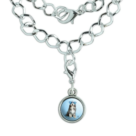 Sheepdog Bearded Collie Dog Giant Blue Sunglasses Silver Plated Bracelet with Antiqued Charm
