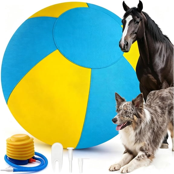 Sheepdog Herding Ball 10/18/22/25 Inch Anti-Burst Tear-Resistant Double-Layer Dog Toy with Air Pump & Washable Cover for Indoor/Outdoor Play (Blue + Yellow, 18 in) (K)