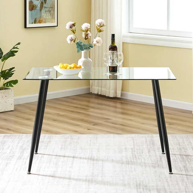 Sheepping Rectangle Glass Dining Table with Black Legs for 2 or 4 Seats Home Office Kitchen