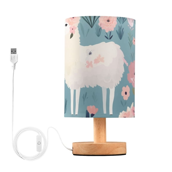 Sheeps Flowers Table Lamp USB Bedside Desk Nightstand Lamp Printed Gifts Small Lamp Wood Base for Bedroom Living Room Kids Room College Dorm