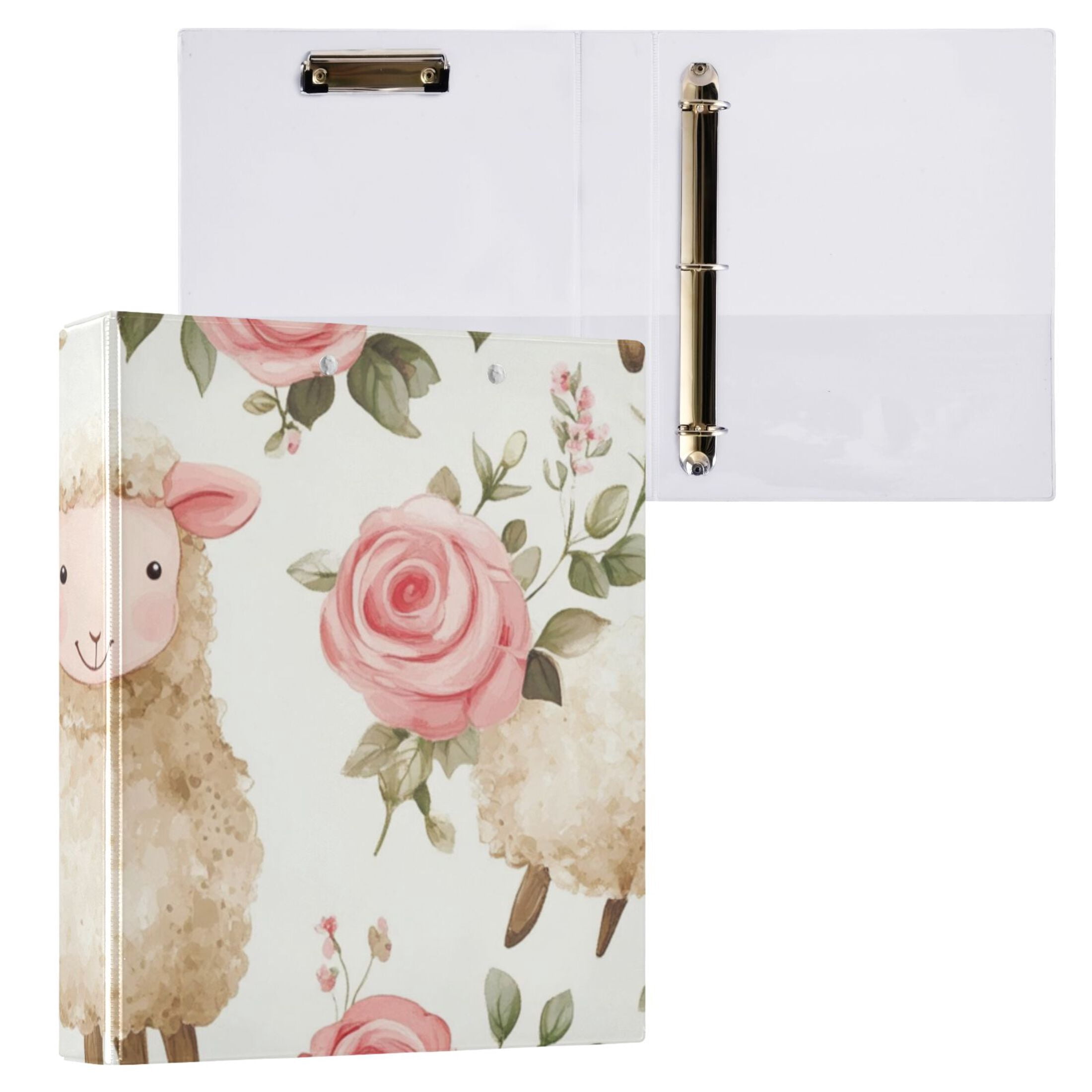 Sheeps Roses Floral 3 Ring Binders 1.5 inch Hardcover File Folders with Interior Pockets A4 Size Organizer for School Office Hospital