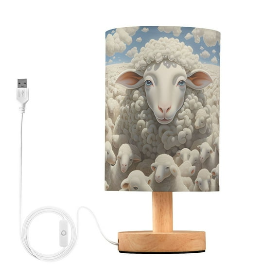 Sheeps Sky Clouds Table Lamp USB Bedside Desk Nightstand Lamp Printed Gifts Small Lamp Wood Base for Bedroom Living Room Kids Room College Dorm