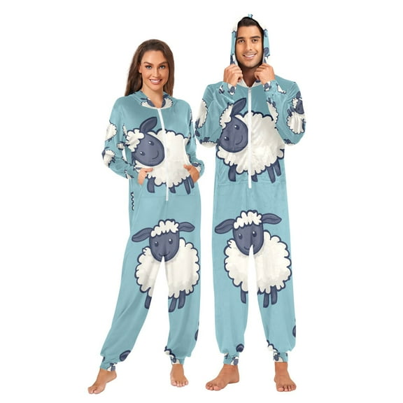 Sheeps in Blue Adult Onesie Pajamas Slim Fit Christmas One Piece Suit Pjs for Women and Men Hooded Zipper