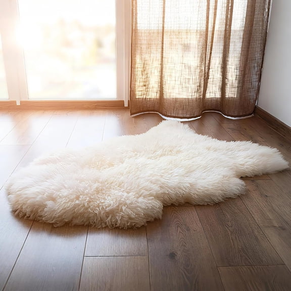 Sheepskin Area Rug Genuine Fluffy Wool Non-Slip Leather Back Natural Ivory 2 ft x 3 ft