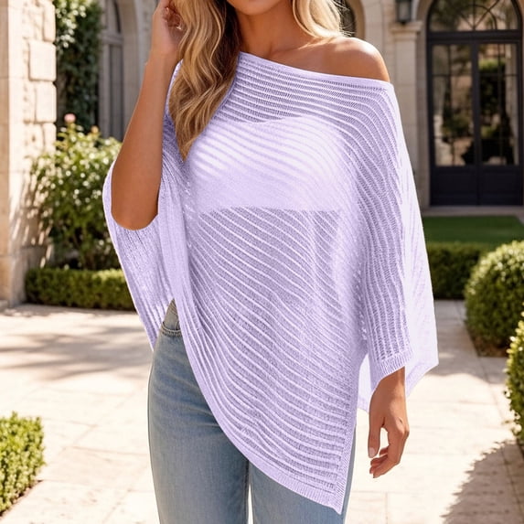 Sheer Beach Cover Ups for Women Solid-Colo Loose Fit Through Asymmetrical Knit Poncho Tops Beach Lightweight Sun Tunic Top(Purple.)