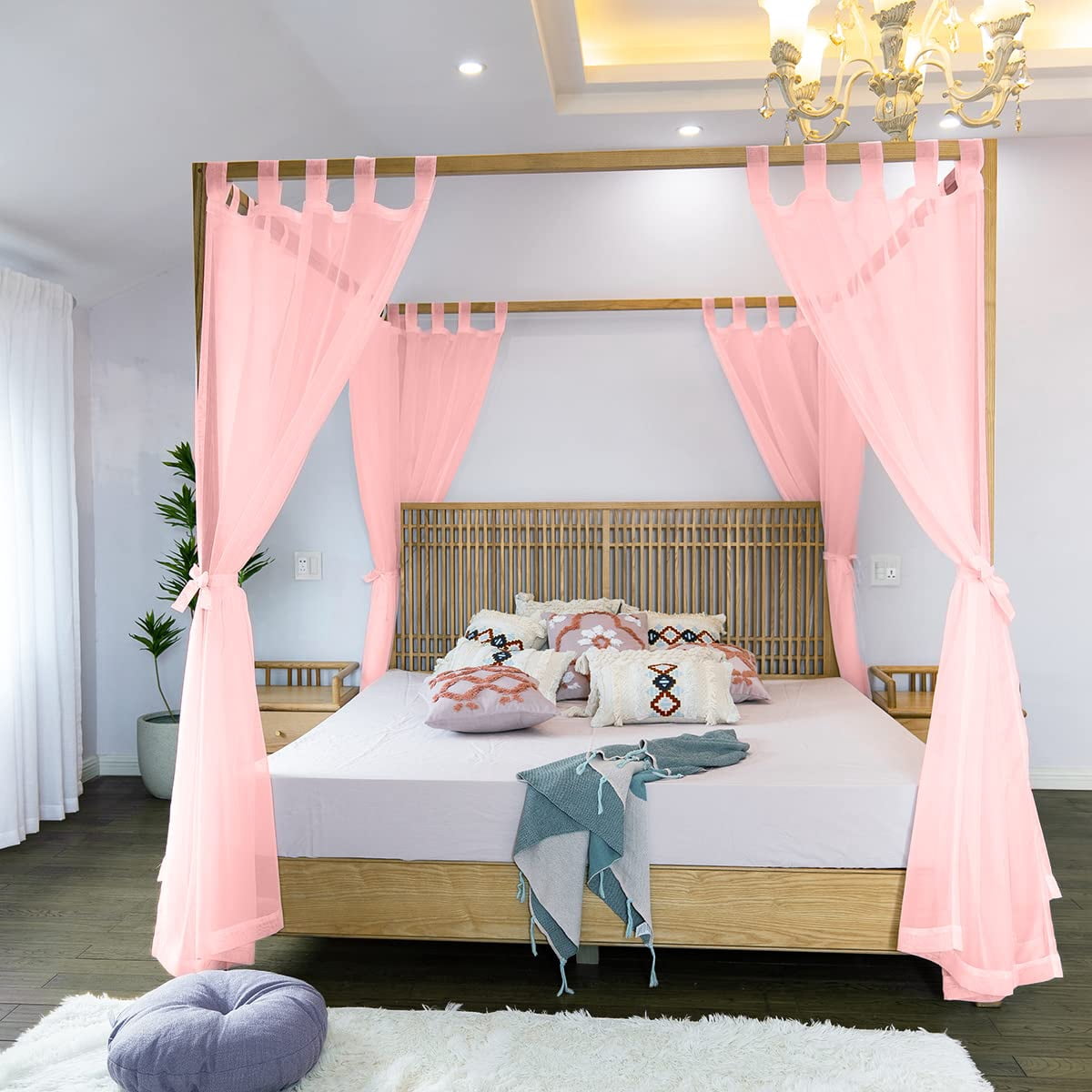 Sheer Bed Curtains For King  Queen Full And 4 Corner Canopies & Drapes Four Poster Beds Pink