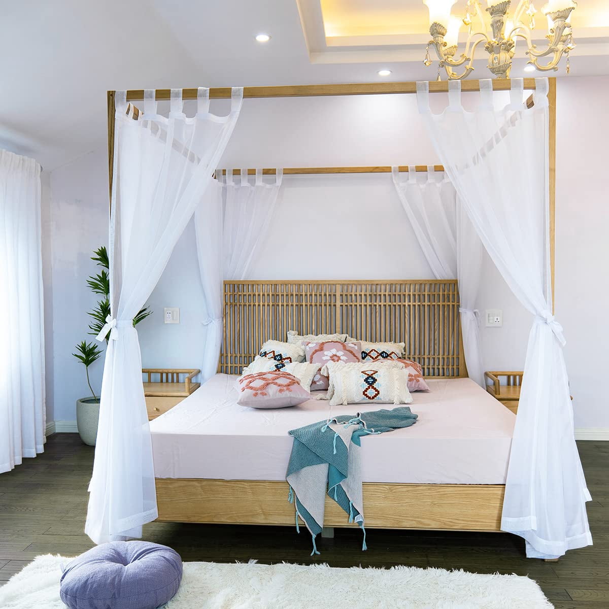 Sheer Bed Curtains For King  Queen Full And 4 Corner Canopies & Drapes Four Poster Beds White