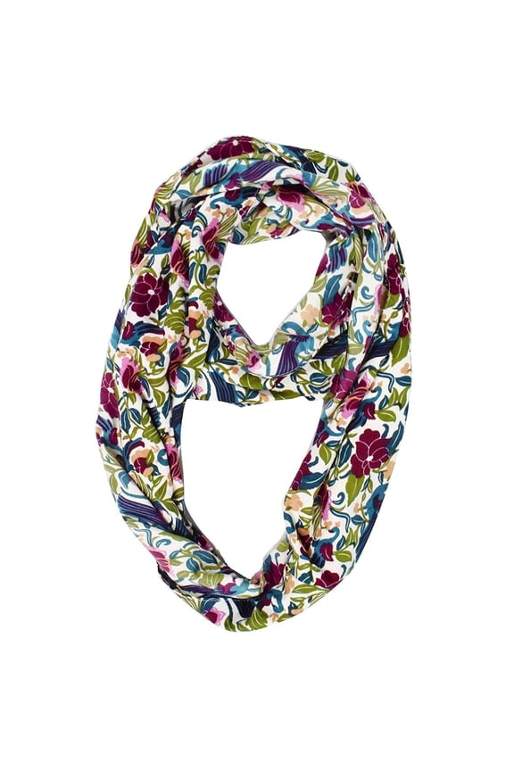 Sheer Bird Print Scarves For Women Infinity Scarf Circle Loops (White Maroon)