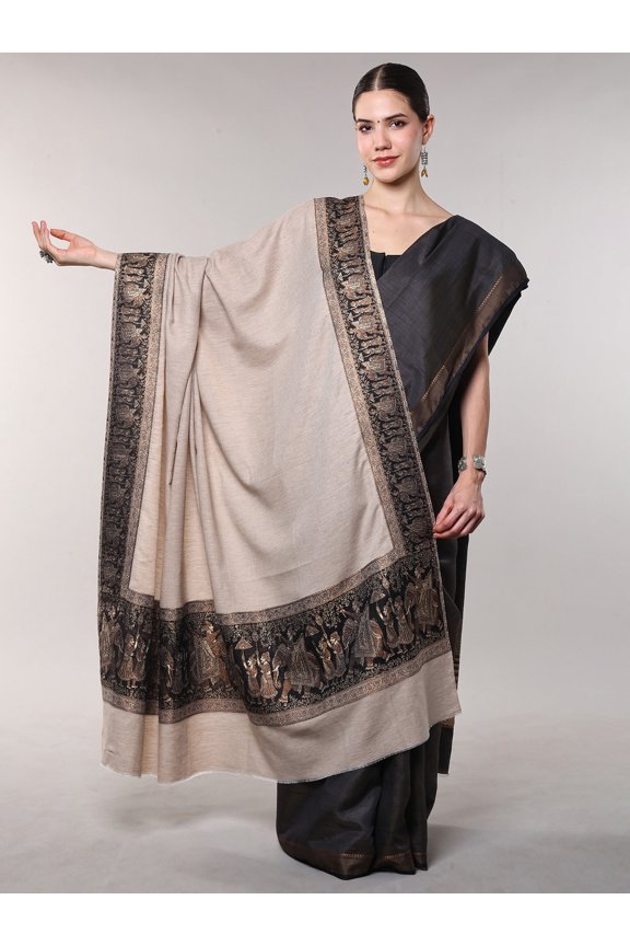 Sheer-Bliss Extra Wide Shawl with Zari work and Woven Procession of King Border from Amritsar