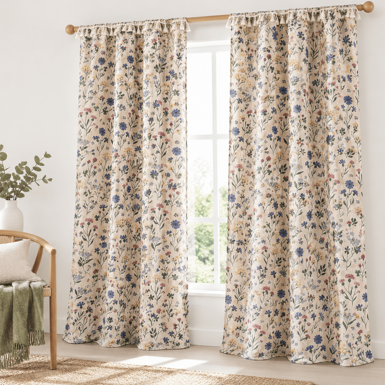 Sheer Boho Flcurta84 Inches Long Set Of 2 Panels With Cream Tassels S ...