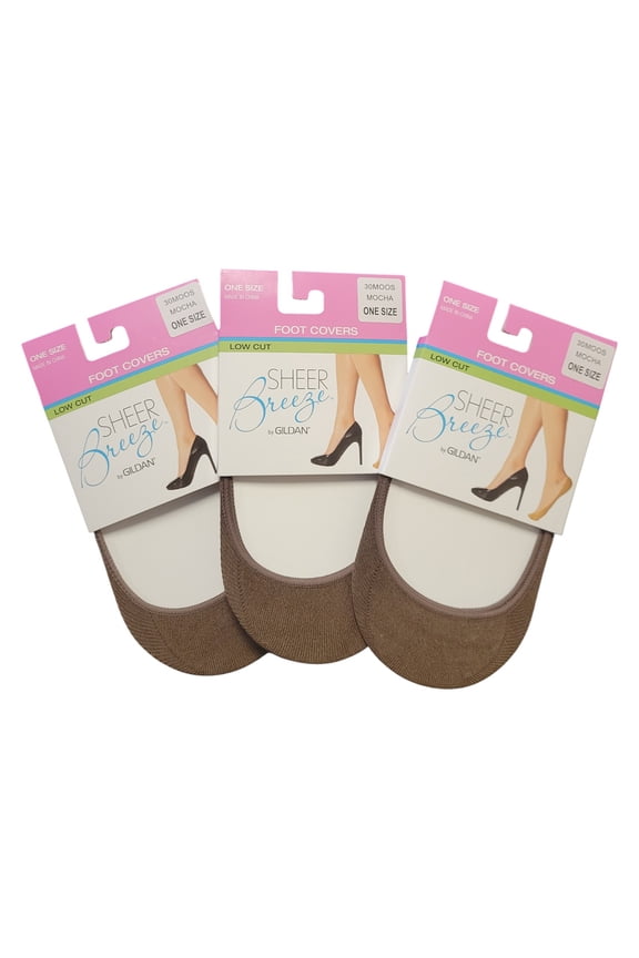 Sheer Breeze by Gildan Low Cut Foot Covers, Mocha One Size No-Show Shoe Liners, 3-Pack (3 Pairs), 95% Nylon 5% Spandex